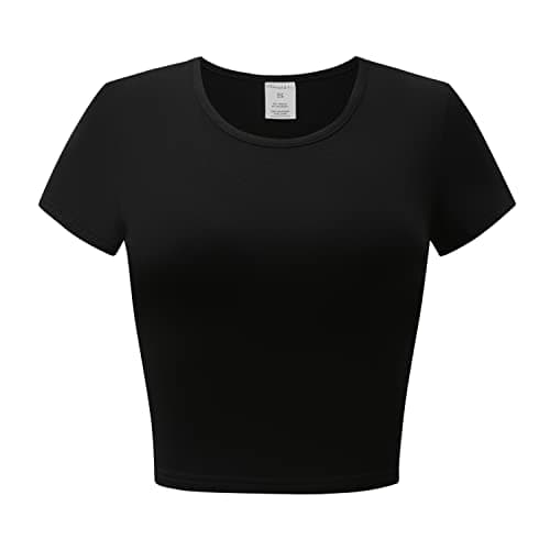 OThread & Co. Women's Short Sleeve Crew Neck Crop Top Basic Comfy Stretch Tee (Large, Black)