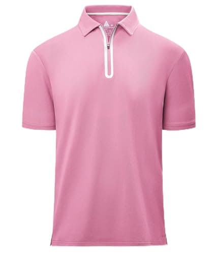 V VALANCH Pink Shirts for Breast Cancer Men Short Sleeve Golf Shirt with Zipper Golf Apparel(Pink)