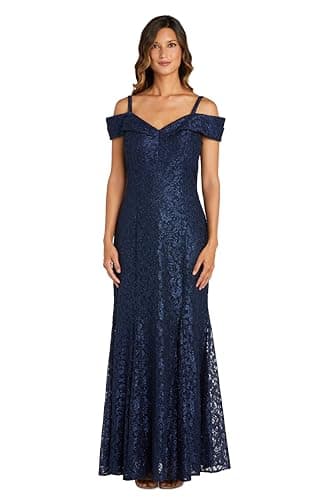 R&M Richards Women's Off The Shoulder Formal Gown - Glitter Lace Mermaid Evening Dress for Wedding Guest & Cocktail Attire