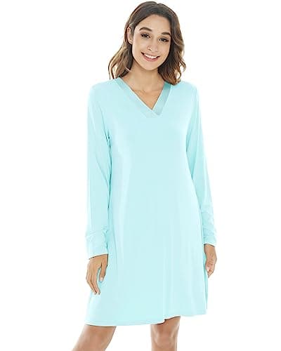 NACHILA Nightgowns for Women-Viscose Made from Bamboo,Long Sleeve Nightshirts Satin V Neck Sleepshirt Cooling Sleepdress Aqua Green XXL