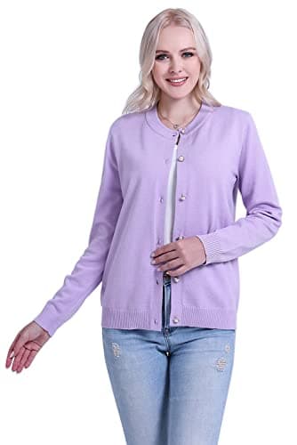 SMILING PINKER Women Cardigan Sweater Crewneck Pearl Button Knitted Tops Medium Weight (Lavender, 3X-Large)