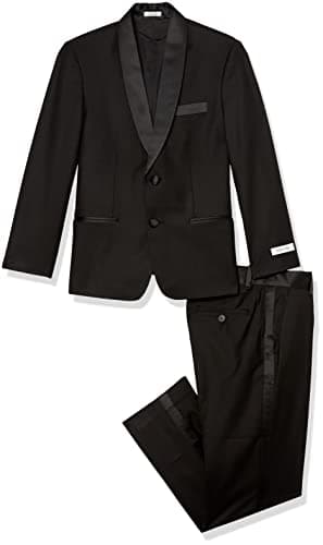 Calvin Klein Boys' 2-piece Formal Tuxedo Suit Set, Includes Jacket & Dress Pants, Satin Trim Detailing & Functional Pockets, Black, 8