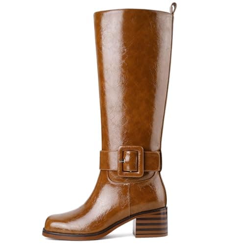 FRJR Brown Knee High Boots Round Toe Chunky Low Heel Pull On Riding Long Boot Comfortable Tall Campus Boots for Women