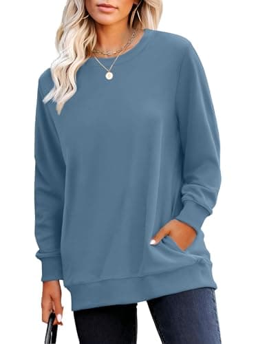 RUMIA Crewneck Fall Sweatshirts for Women Trendy- Women's Plain Long Sleeve Pullover Tops with Pockets Fashion Dustyblue