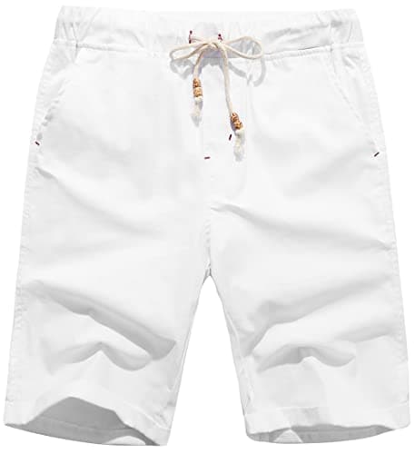 Janmid Men's Linen Shorts Casual Elastic Waist Drawstring Summer Beach Shorts with Pockets White S