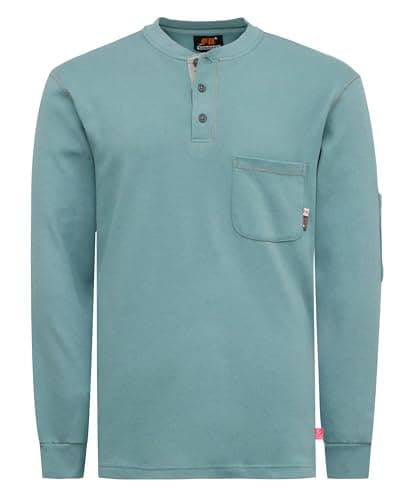 KONRECO FR Shirts for Men Long Sleeve Henley 7oz 100% Cotton FRC Clothing Welding Shirt Blue Green