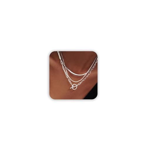 Freekiss Silver Layered Toggle Necklace for Women, 3-Chain Stack