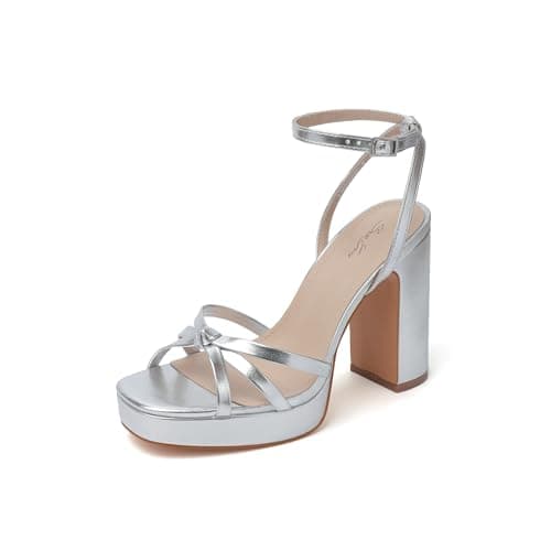 sun gurg Metallic Silver Strappy Platform Heels for Women Chunky High Heels Ankle Strap Block Heeled Sandals for Prom Wedding Date Night Size 6.5