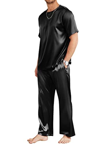 Ekouaer Men Silk Satin Pajamas Set Short Sleeve Button Down Top and Long Bottom Sleepwear Lounge Sets Black XX-Large