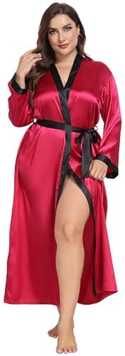 Women's Plus Size Satin Kimono Robes Long Silky Bathrobe Wedding Getting Ready Sleepwear Loungewear, Red, 2X