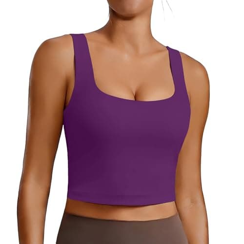 PINSPARK Workout Tops for Women Built in Bra Square Neck Crop Tank Top with Removable Pads Light Support Pliates Bras, Dark Purple Medium
