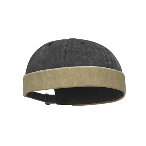 XYX Retro Beanie Hat Brimless Skull Hat Washed Cotton Rolled Cuff Sailor Cap for Men/Women (US, Alpha, One Size, Khaki Black)