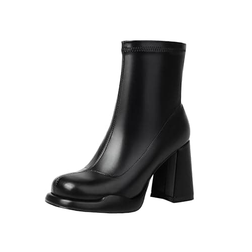 Mofirdast Women's Black Mid Calf Gogo Boots Square Toe Platform Chunky Heel Side Zipper for Party Cosplay Dance Black Size 9