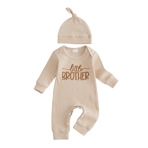 allshope Newborn Baby Boy Fall Outfit Romper Little Brother Lil Bro Embroidery Long Sleeve Jumpsuit Bodysuit Infant Clothes (Little Brother Color Apricot, 3-6 Months)