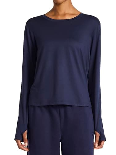 Reebok Women’s Long Sleeve Crewneck Top, Standard Fit, Lightweight Stretch Poly Marled Jersey Fabric, Navy, Medium