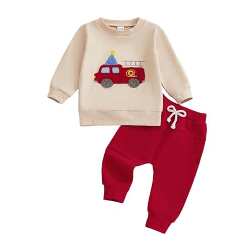BULINGNA 2Pcs Toddler Baby Boy Birthday Outfits Truck Embroidery Sweatshirt Pullovers Jogger Pants Birthday Boy Clothes Set (Red, 0-6 Months)