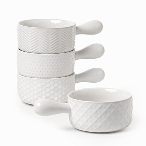 FOBENTA 20oz Ceramic Soup Bowls with Handle, Set of 4,Textured Embossed Stoneware for Chili, Stew, Cereal,Microwave & Dishwasher Safe, Rustic Dinner Bowls for Home Kitchen