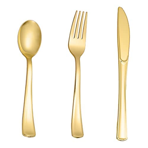 N9R 60PCS Gold Plastic Silverware, Heavy Duty Disposable Utensils/Cutlery