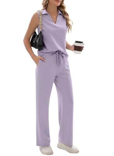 Sixstar Two Piece Sets for Women Summer V Neck Tops Wide Leg Sweatpants Sleeveless Tracksuit Travel Outfits