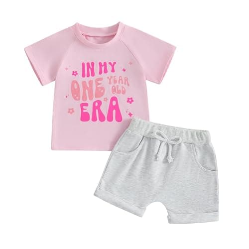WZTYYDS In My One Year Old Era Baby Girl First Birthday Outfit 1st Birthday Shirt + Casual Shorts Set 1 Year Old Clothes (Pink, 6-12 Months)