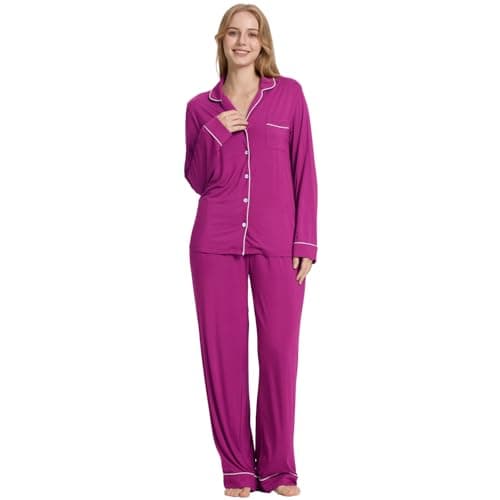 TOSMO Bamboo Viscose Pajamas for Women, Long Sleeve Button Down Pjs Set