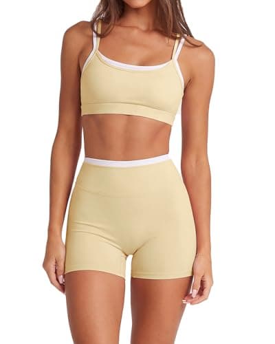 SUUKSESS Women Two Piece Workout Sets Double Layered Sports Bra Gym Biker Shorts Matching Sets (Yellow, S)