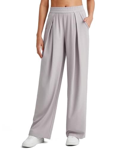 G4Free Womens Summer Pants Lightweight Wide Leg Casual Trousers Stretchy Lounge Pants Pull On(Chrim Gray,L,29")