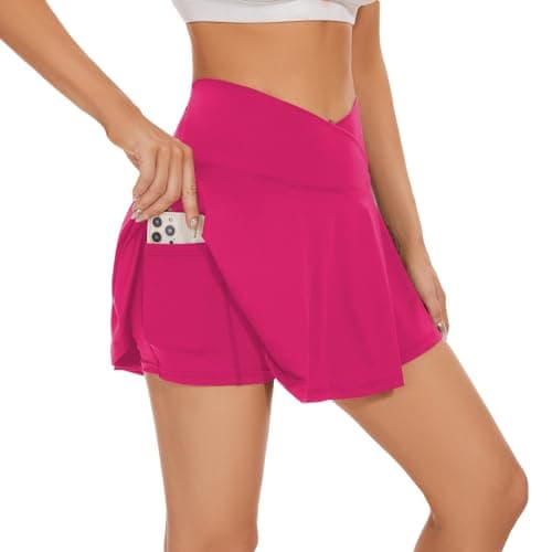 bpbtti Womens Pleated Tennis Skirt Crossover Golf Skorts Skirts with Pockets Activewear Summer Workout Running Shorts (Hot Pink, L)