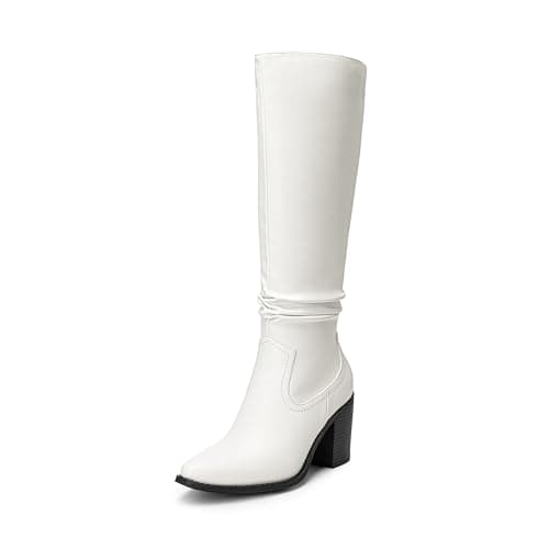 DREAM PAIRS Women's Knee-High Boots, Comfortable Chunky Block Heel Pointed Toe Pull On Side Zipper Suede Slouch Riding Boots,Size 6.5,White-Pu,SDKB2308W-1