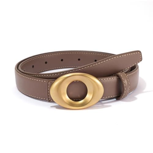 KONQUWA Women's Elegant Casual Genuine Leather Belt with Matte Oval Vintage Gold Buckle for Jeans Pants Dresses (Khaki/Vintage Gold Buckle,30″-39″)