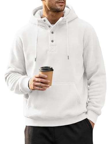 JMIERR Men's Fleece Quarter Button Hoodie Pullover, White, M