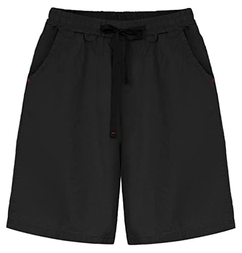 Fuwenni Women's Casual Comfy Elastic Waist Knee Length Relaxed Fit Bermuda Shorts with Pockets Black US S