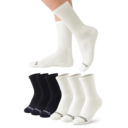 Happicomfy Women's Crew-Socks with Comfy Cushioned Bottom and Arch Compression, Quarter Length Socks for Running, Sports, Works (6 Pairs) (US Women Size 7.5-10, Creamy White & Black)