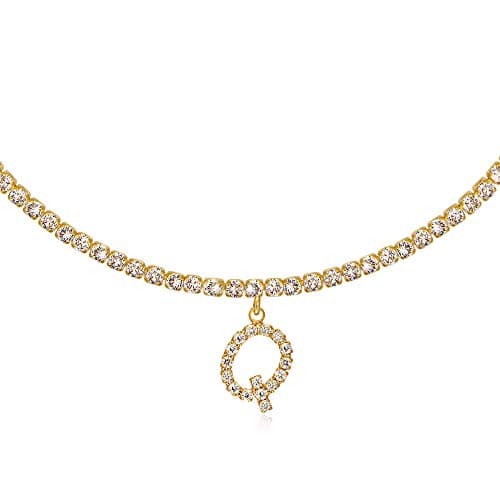 LecAit 14K Yellow Gold Plated Cubic Zirconia Initial Tennis Chain Necklace | Letter Q Necklaces for Women