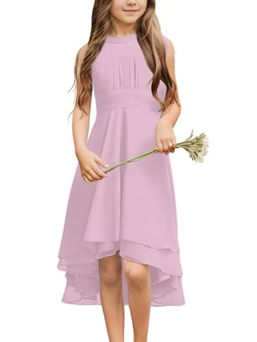 Galawaqe Chiffon Flowy Dresses Flower Girls Asymmetrical with Ruffles Sleveless Swing Party Gowns A-Line Dress