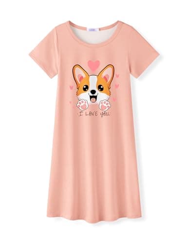 Arshiner Girls Nightgowns Summer Soft Cute Cartoon Print Pajama Sleep Dress for Kids Orange Pink Dog 5-6 Years