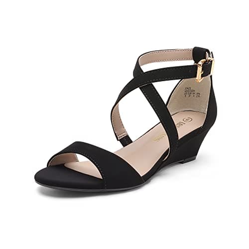 DREAM PAIRS Women's Low Wedge Sandals Ankle Strap Heel Sandal Open Toe Dress Summer Shoes,Size 5,Black/Nubuck,Jones