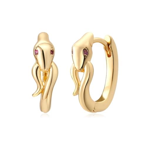 MYEARS Women Snake Earrings Gold Huggie U Hoop Rosy Cubic Zirconia 14K Gold Plated Small Simple Hypoallergenic Everyday Jewelry