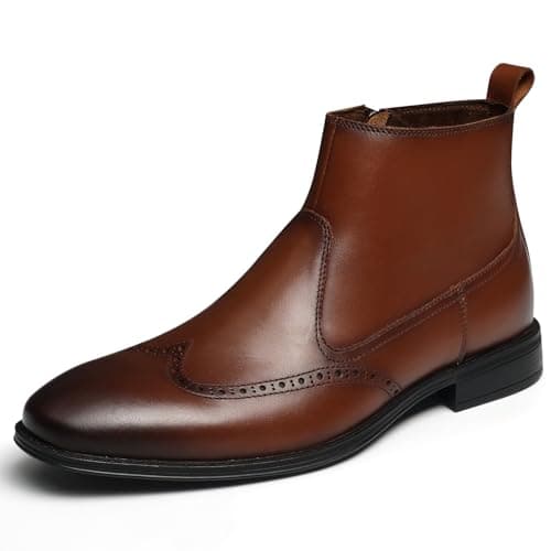 Hantatop Chelsea Boots Men, Genuine Leather Brogue Wingtip Mens Dress Boots with Side Zipper, Comfortable Stylish Slip On Chukka Ankle Boots, Casual Oxford Boots for Men (Brown, M US, Adult, Men, 10.5, Numeric, US Footwear Size System, Medium)