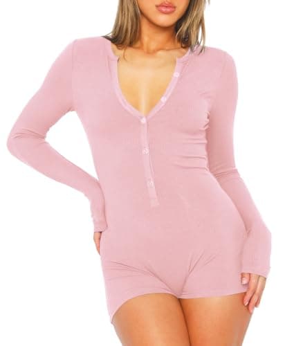INFITTY Onesie Pajamas for Women Sexy Pajama Casual Ribbed Slim Long Sleeve Rompers 2026 Fall Trendy Romper Sleepwear Pink L