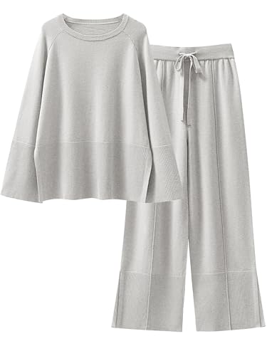 ANRABESS Womens 2 Piece Outfits Oversized Knit Sweater Set Wide Leg Pant Cozy Lounge Matching Pajama Sets 2026 Trendy Clothes Smoky Gray X-large