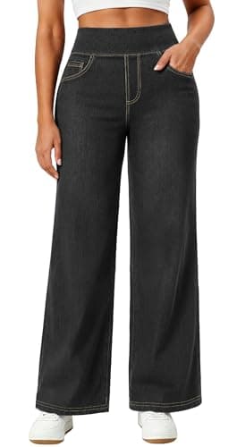 AVAMO Stretchy Jeans Wide Leg Jeans for Women Trendy Pull On High Waist Tummy Control Sweatpant Jean Denim Pants with Pockets Black