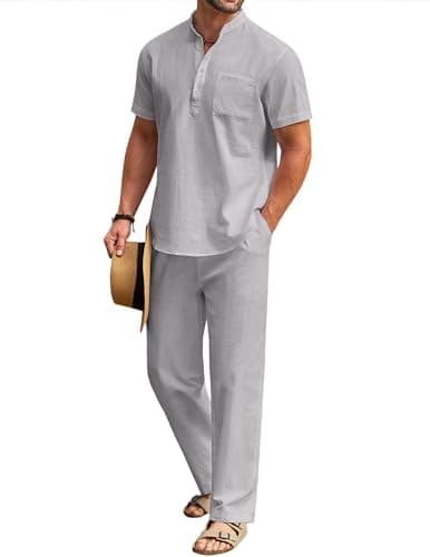 COOFANDY Men's 2 Pieces Cotton Linen Set Casual Short Sleeve Henley Shirts Beach Yoga Pants Summer Outfits