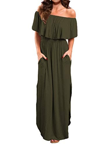 VERABENDI Women's Off Shoulder Summer Casual Long Ruffle Beach Maxi Dress with Pockets Army Green L
