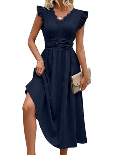 SHEWIN Women Summer Dress Ruffle Short Sleeve V Neck Dresses Boho Semi Formal Wedding Guest Party Outfits Solid Elegant Dressy Casual 2026 Clothes Vestidos De Mujer Size L, Navy Blue