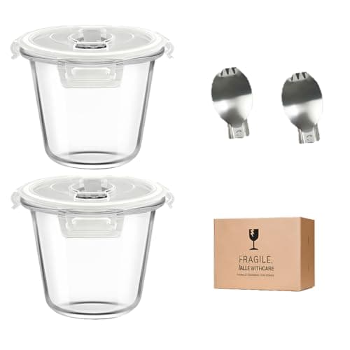 H.JSS WDJS 3 Cup Round Glass Meal Prep Containers with Lids,24oz Glass Food Storage Containers with Spoons, Heat-Resistant BPA-Free for Soup, Leftover, Oven, Dishwasher, Fridge, Freezer Safe (2 Pack)