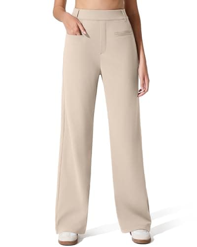G4Free Women's Dress Pants with Pockets Straight Leg Yoga Work Stretchy Business Trousers Casual Slacks Belt Loops (XS,Light Khaki,Petite)