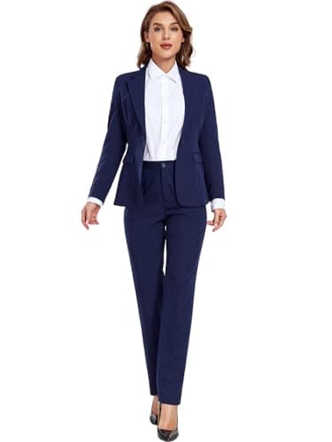 Women's Suiting Navy Lady Formal Jacket 2 Piece Outfit Business Office One Button Blazer Pant Slim Fit Suit Set for Work-S