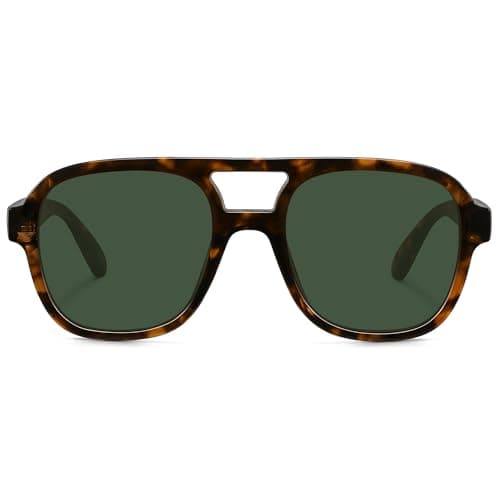 Fozono Retro Oversized Aviator Sunglasses Women Trendy Vintage Square Large Tangle Free Aviators Double Bridge Sun Glasses Tortoise Frame/Dark Green Lens