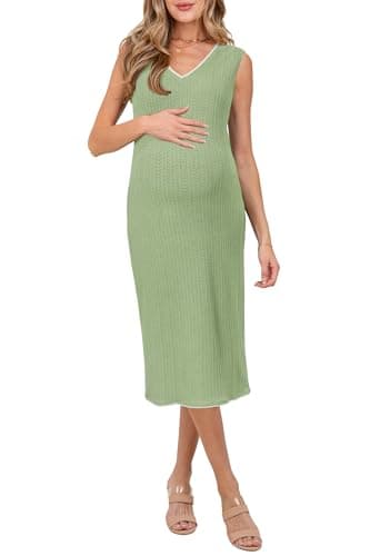 OUGES Women's V Neck Bodycon Baby Shower Maternity Dress(Mint Green,L)